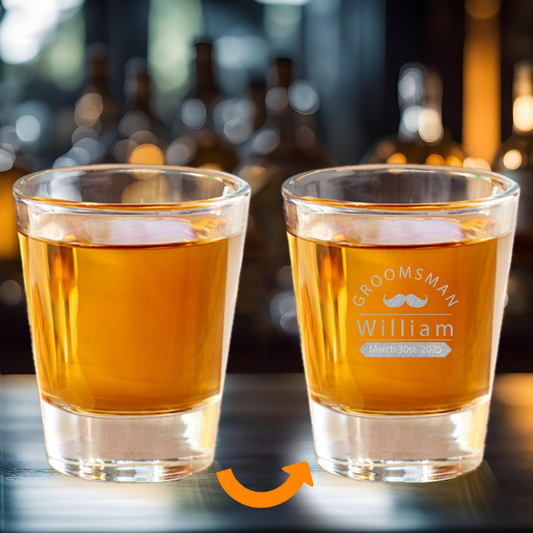 Groomsman Personalized Shot Glass – Custom Name & Date with Mustache Design